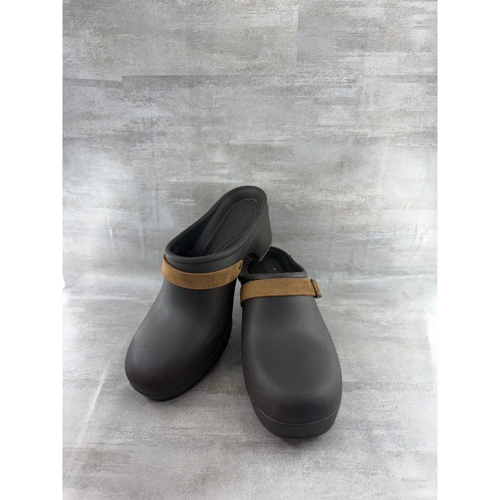 Crocs Sarah Clog Espresso Brown Suede Strap Heeled Mules Women Sz 8 203631